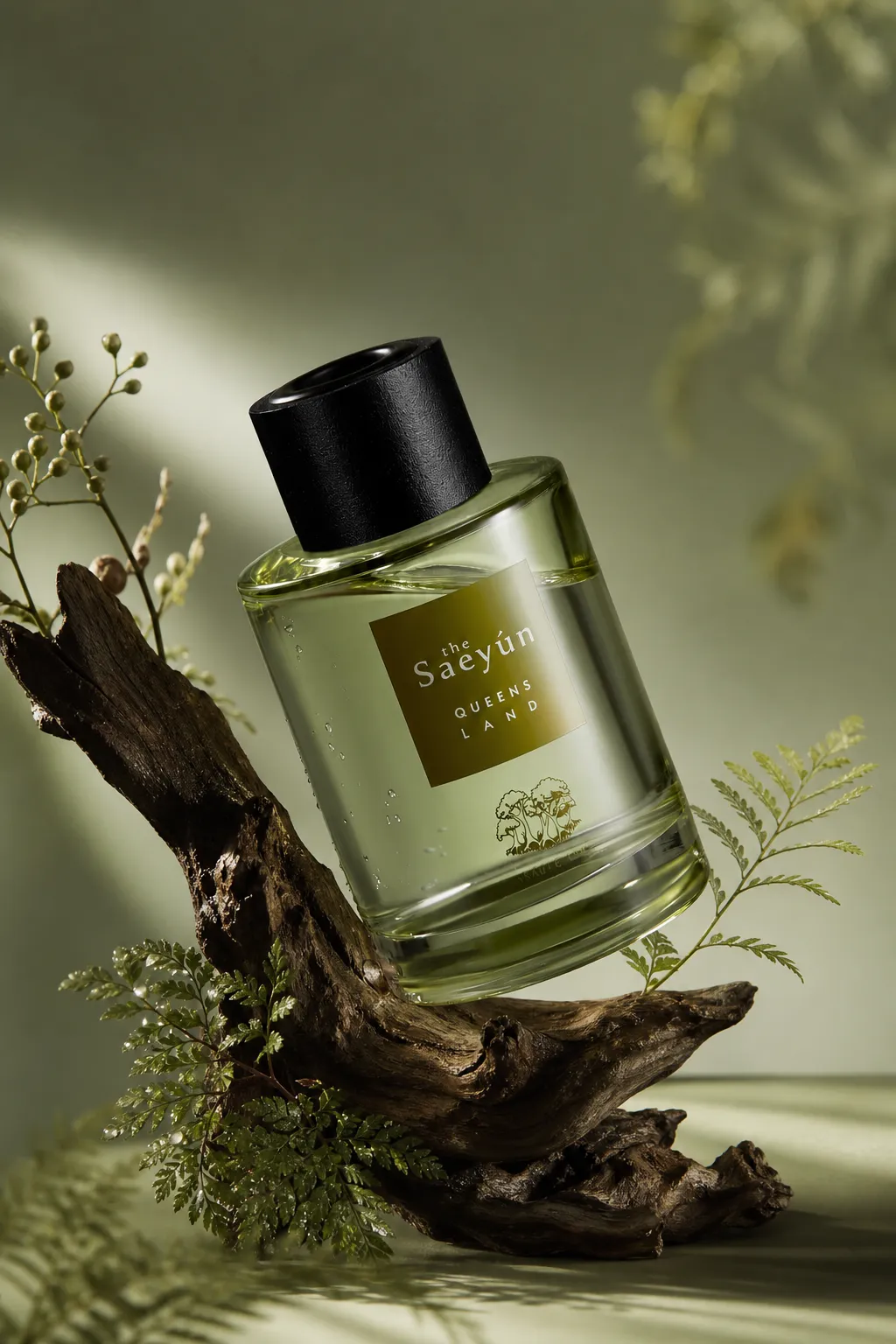Saeyun Queens Land Perfume Bottle on Driftwood｜AI Image Generation Prompts