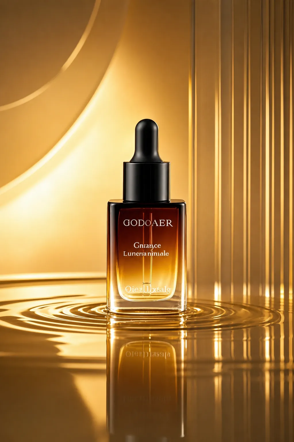 Luxury Amber Serum Bottle with Black Dropper on Gold｜AI Image Generation Prompts