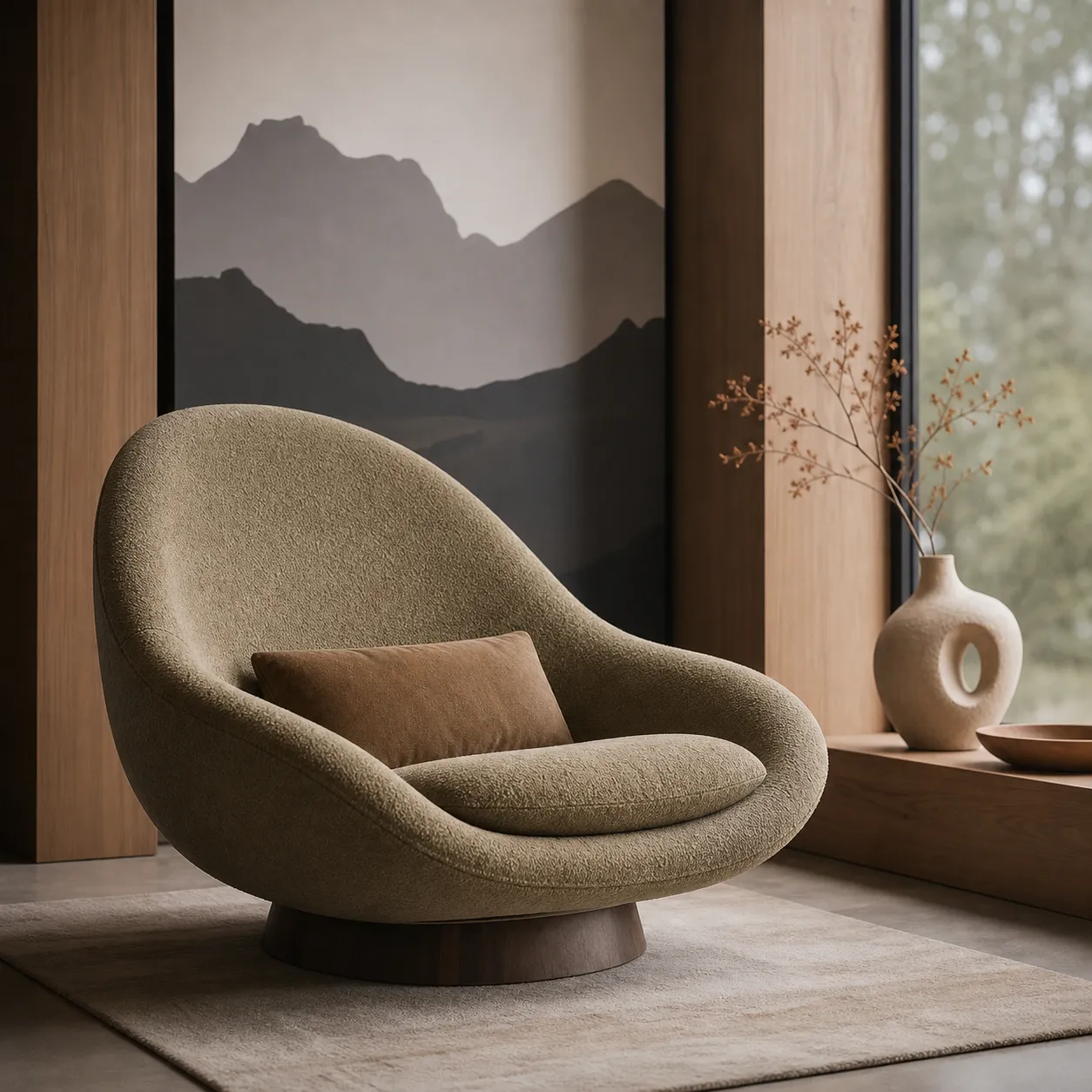 Modern Beige Boucle Armchair in Minimalist Room｜AI Image Generation Prompts