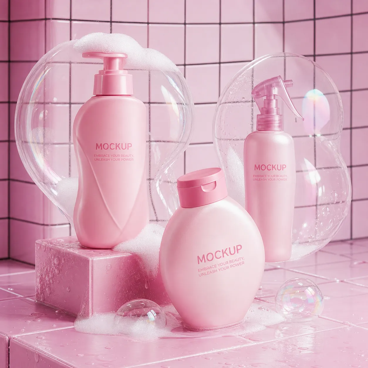Pink Cosmetic Bottle Mockup Scene with Bubbles｜AI Image Generation Prompts