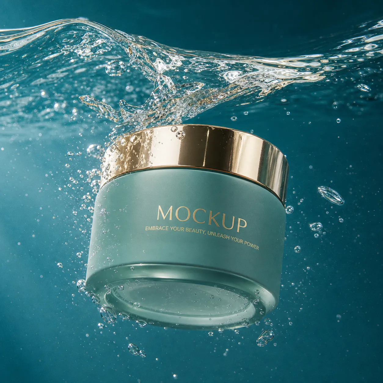 Teal Cosmetic Jar Mockup Underwater with Splash｜AI Image Generation Prompts