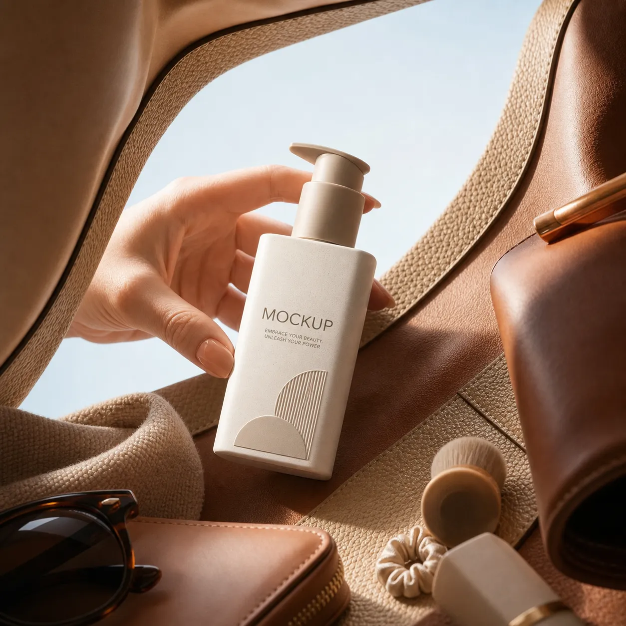Hand holding white cosmetic pump bottle mockup｜AI Image Generation Prompts
