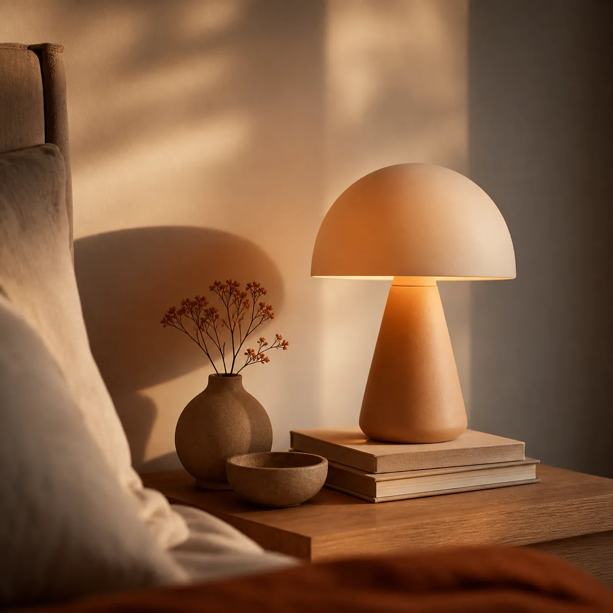 Minimalist Mushroom Lamp on Nightstand｜AI Image Generation Prompts