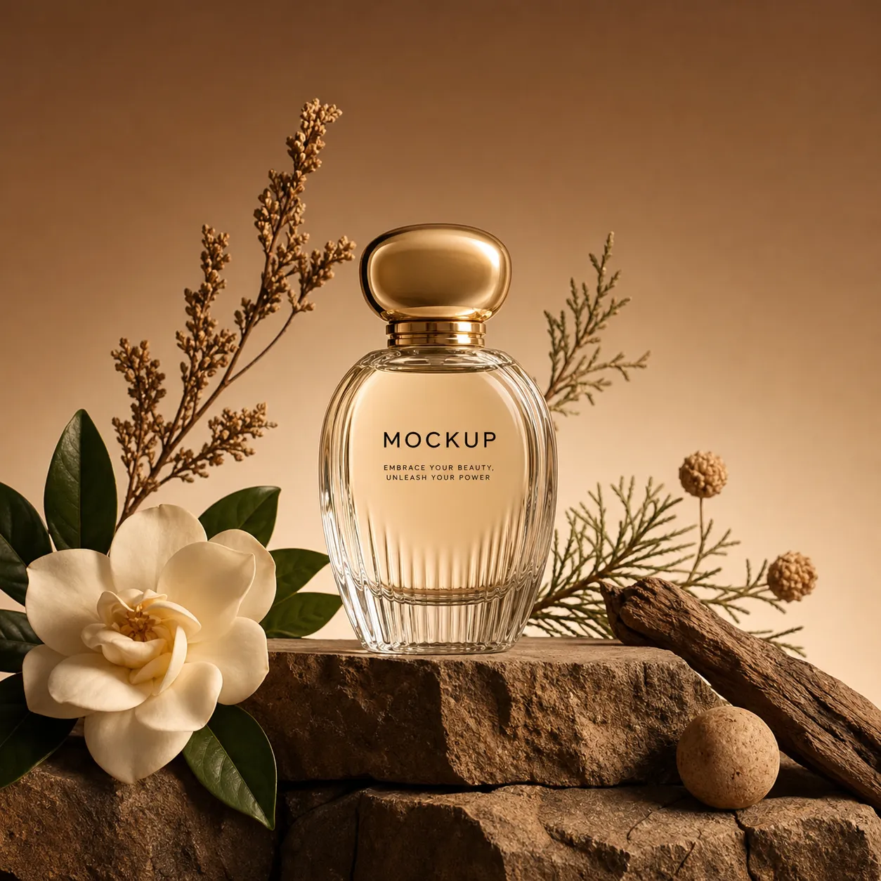 Elegant perfume bottle mockup with gold cap and flowers｜AI Image Generation Prompts