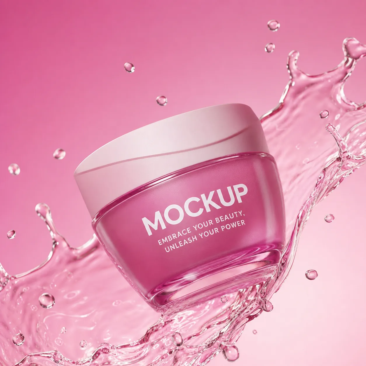 Pink Cosmetic Jar Mockup with Water Splash｜AI Image Generation Prompts
