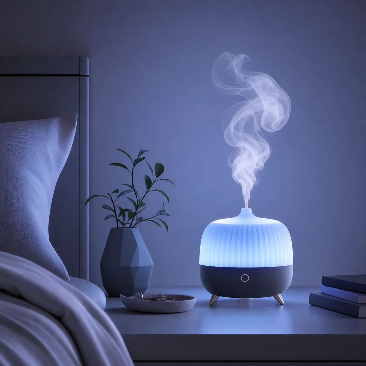 Glowing blue humidifier on a bedside table at night｜AI Image Generation Prompts