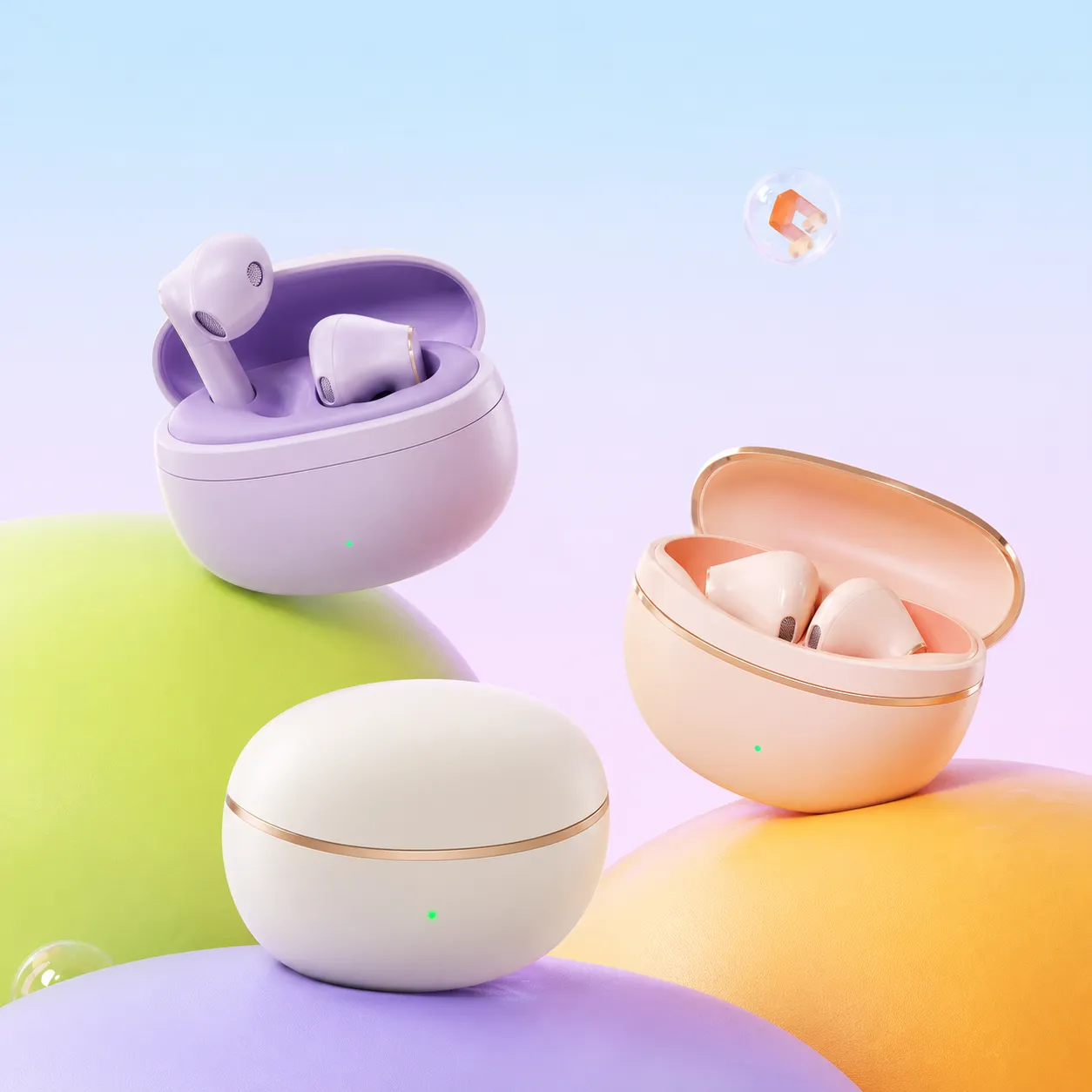 Pastel Wireless Earbuds in Charging Cases｜AI Image Generation Prompts