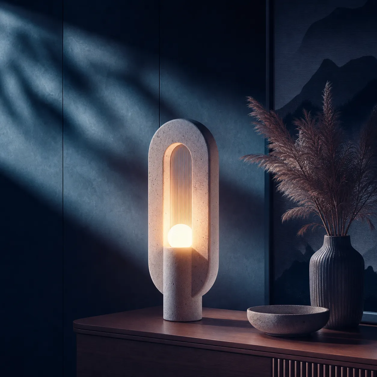 Modern Oval Stone Table Lamp in Moody Interior｜AI Image Generation Prompts