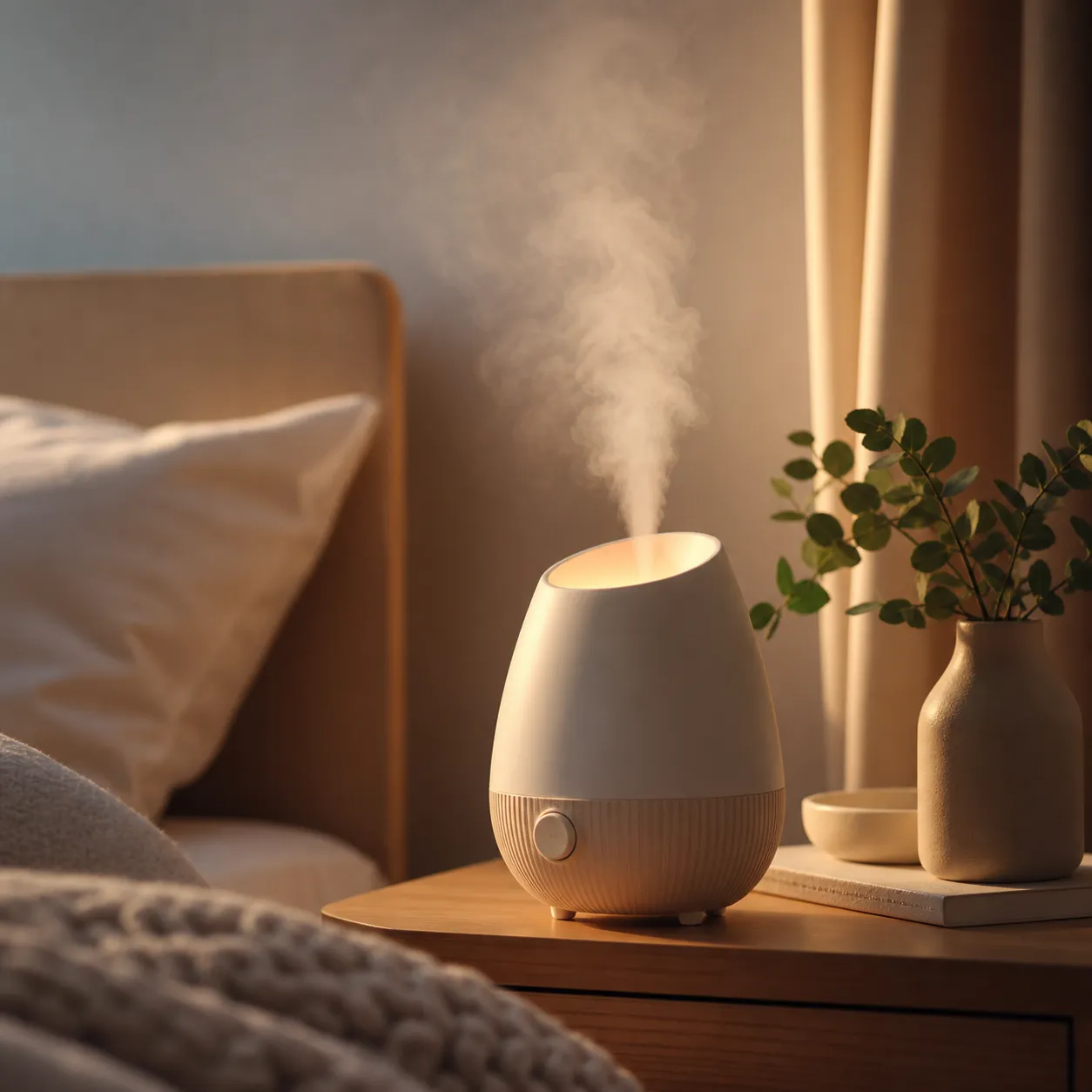 Modern White Essential Oil Diffuser on Nightstand｜AI Image Generation Prompts