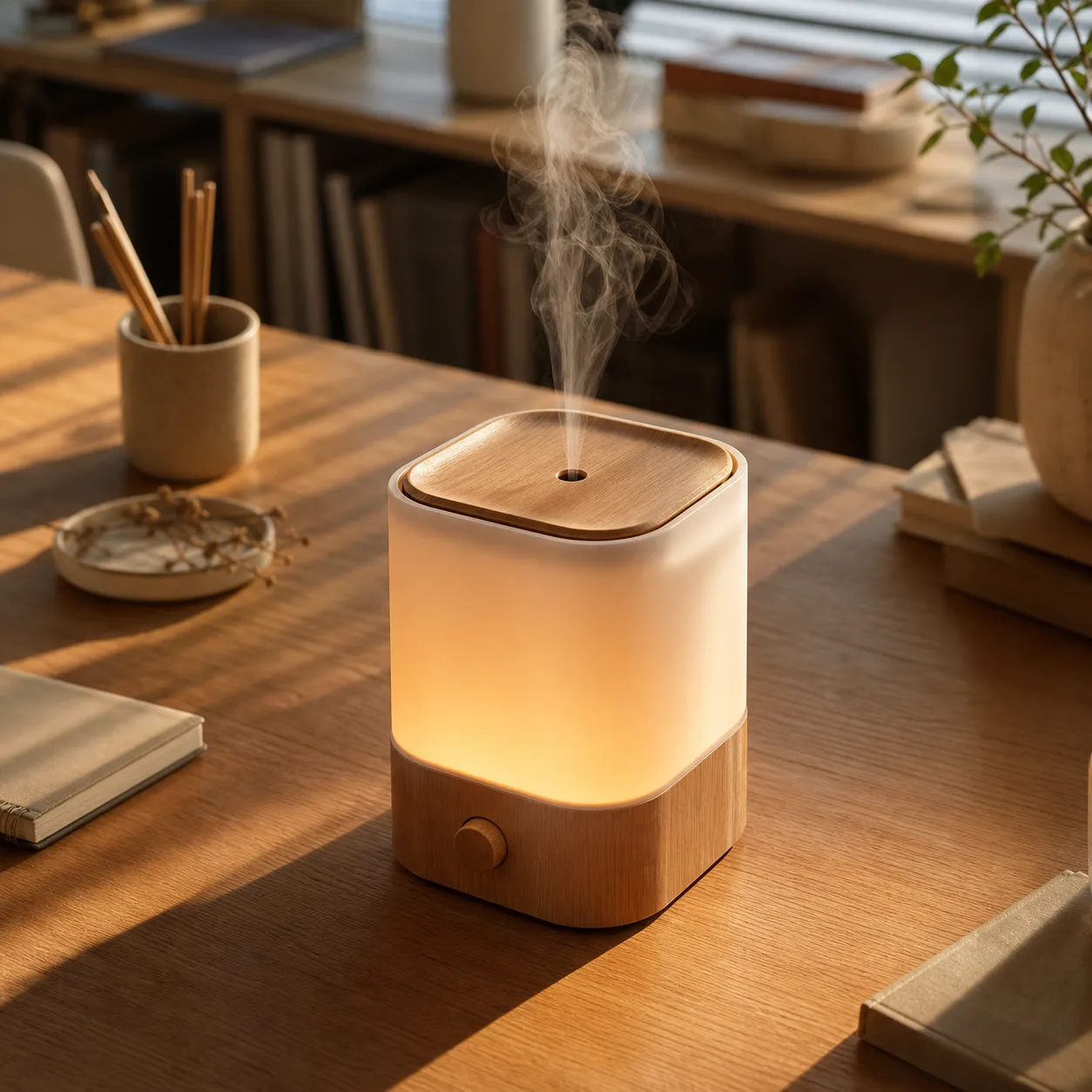 Glowing Wooden Aromatherapy Diffuser on Desk｜AI Image Generation Prompts