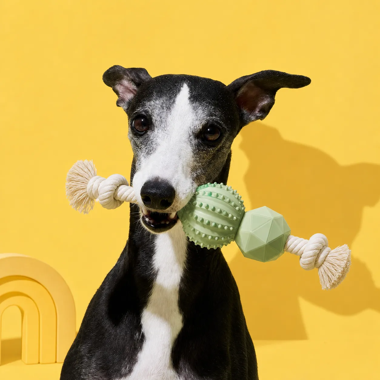 Black and white dog holding green rope toy｜AI Image Generation Prompts