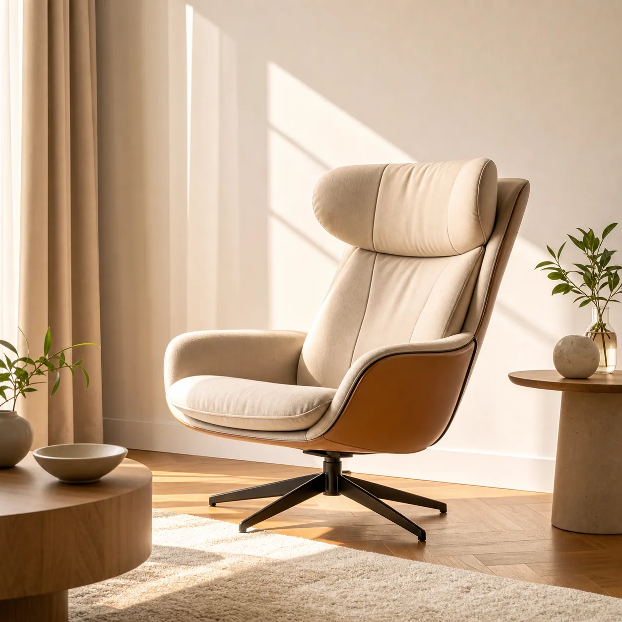 Modern Beige Armchair in Sunlit Minimalist Room｜AI Image Generation Prompts