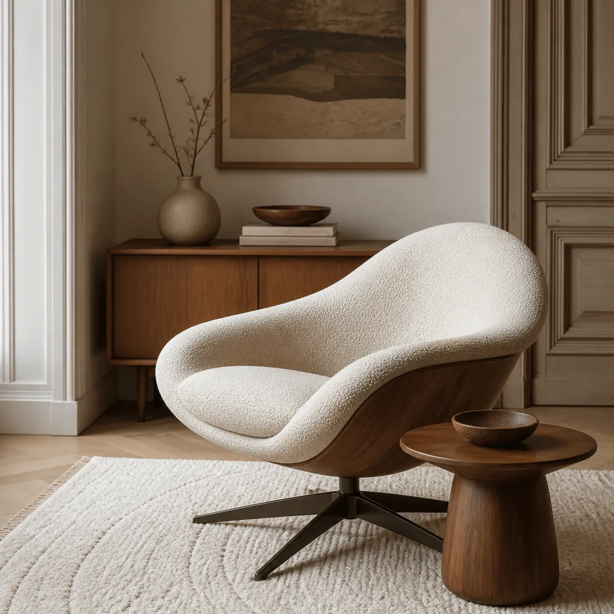 White boucle lounge chair in modern interior｜AI Image Generation Prompts
