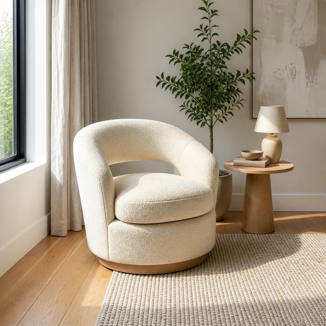 Cozy White Boucle Armchair in Modern Living Room｜AI Image Generation Prompts