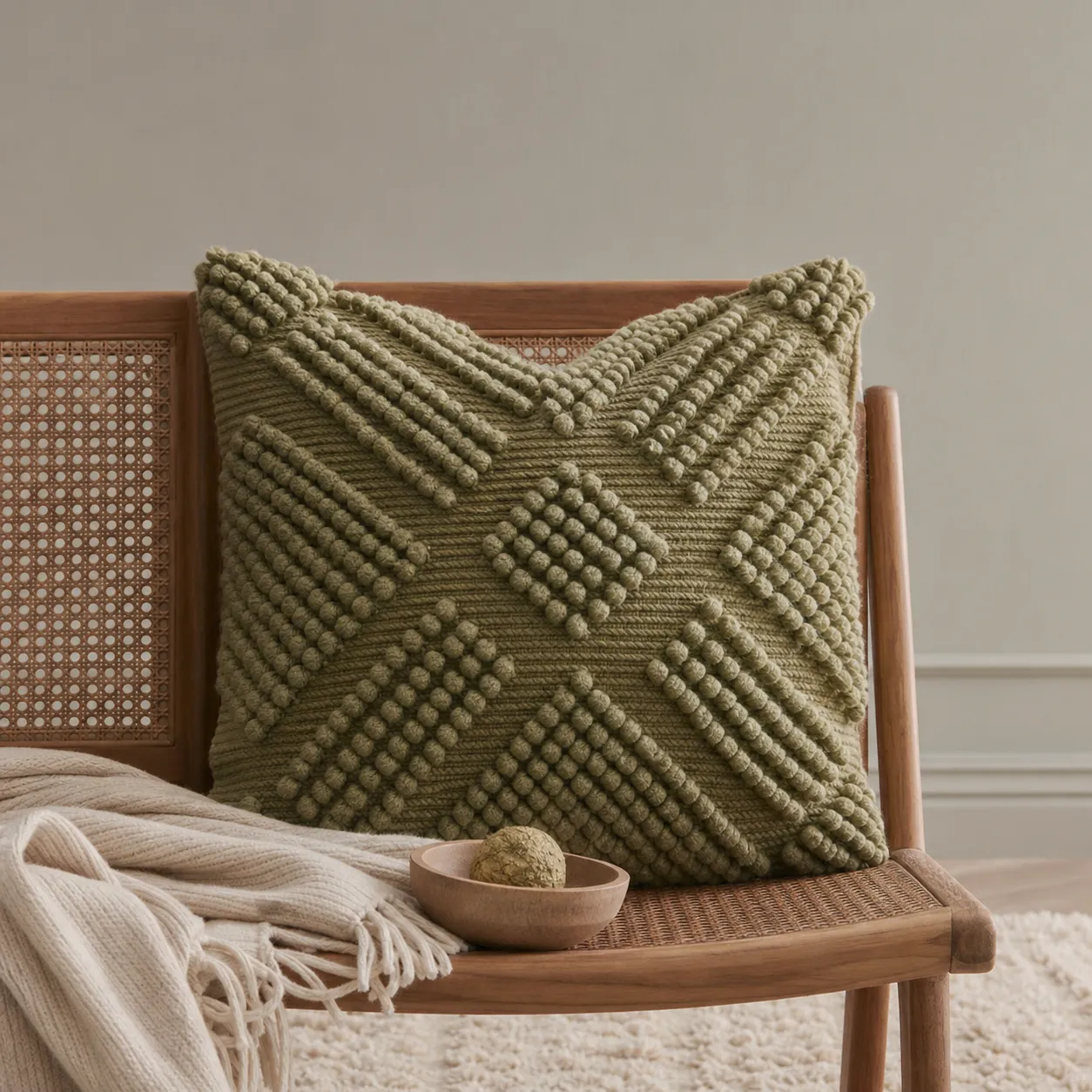 Olive Green Geometric Knit Cushion on Chair｜AI Image Generation Prompts