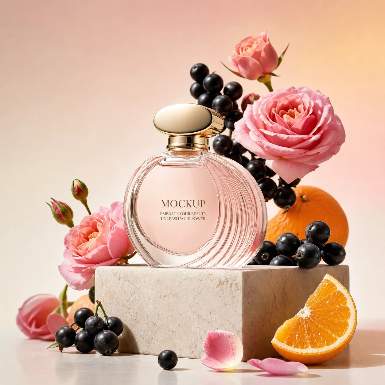 Perfume bottle mockup with pink roses and orange｜AI Image Generation Prompts