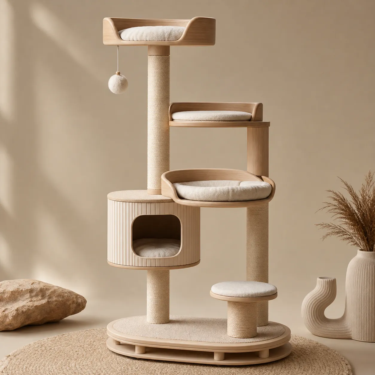 Modern Beige Cat Tree Tower with Scratching Posts｜AI Image Generation Prompts