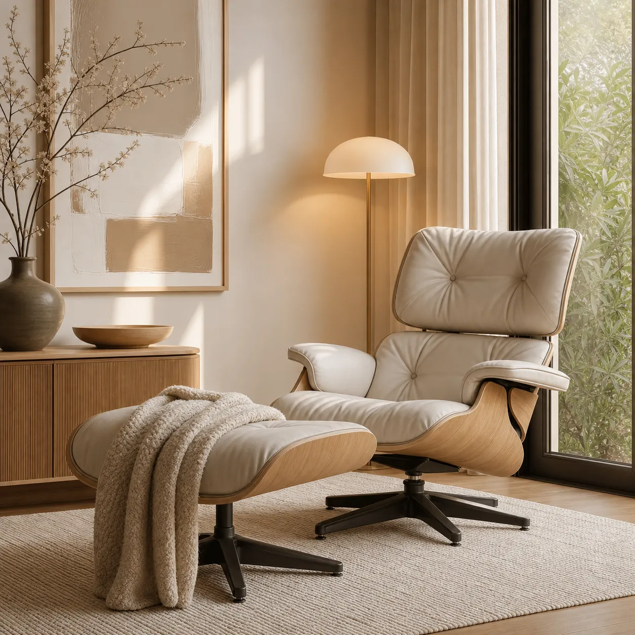 Modern Beige Leather Lounge Chair and Ottoman｜AI Image Generation Prompts