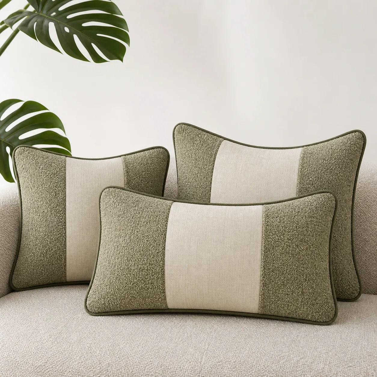 Green and Beige Color Block Throw Pillows on Sofa｜AI Image Generation Prompts