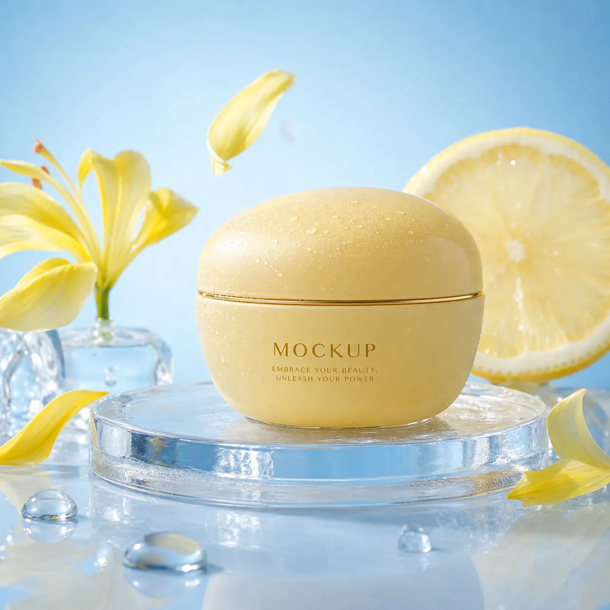 Yellow cosmetic jar mockup with lemon and flowers｜AI Image Generation Prompts