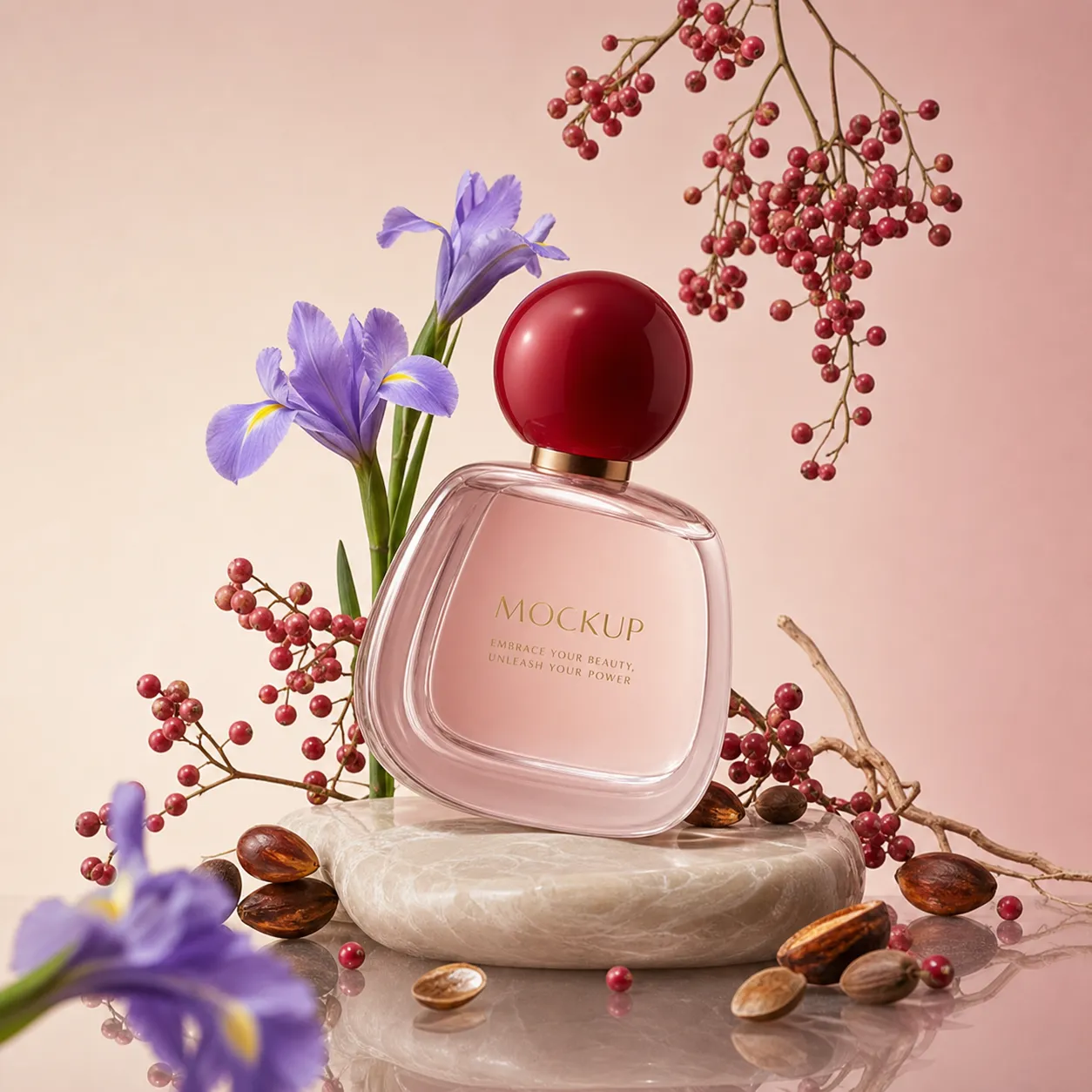 Pink Perfume Bottle Mockup with Red Cap and Flowers｜AI Image Generation Prompts
