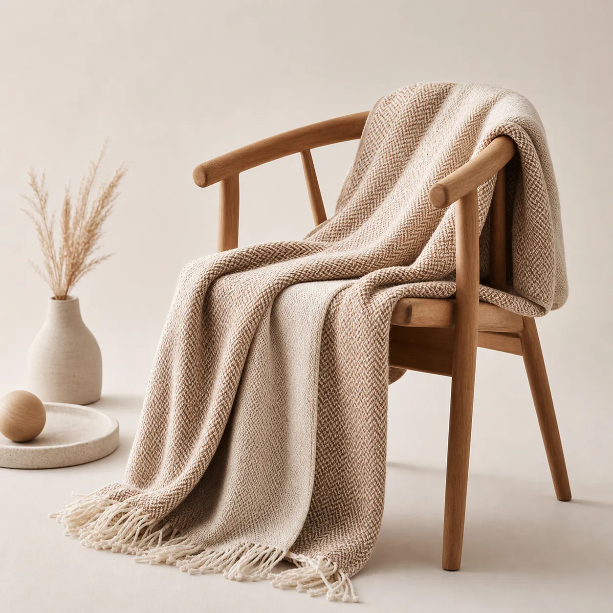 Beige herringbone throw blanket on wooden chair｜AI Image Generation Prompts