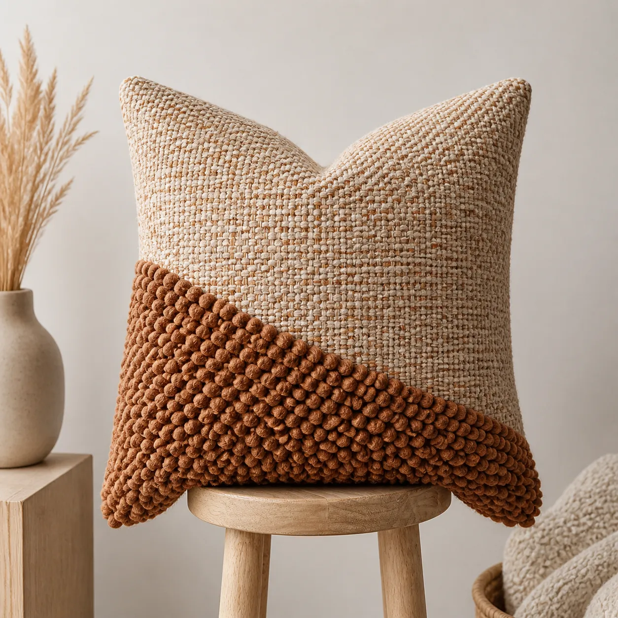Textured Beige and Brown Throw Pillow on Wooden Stool｜AI Image Generation Prompts