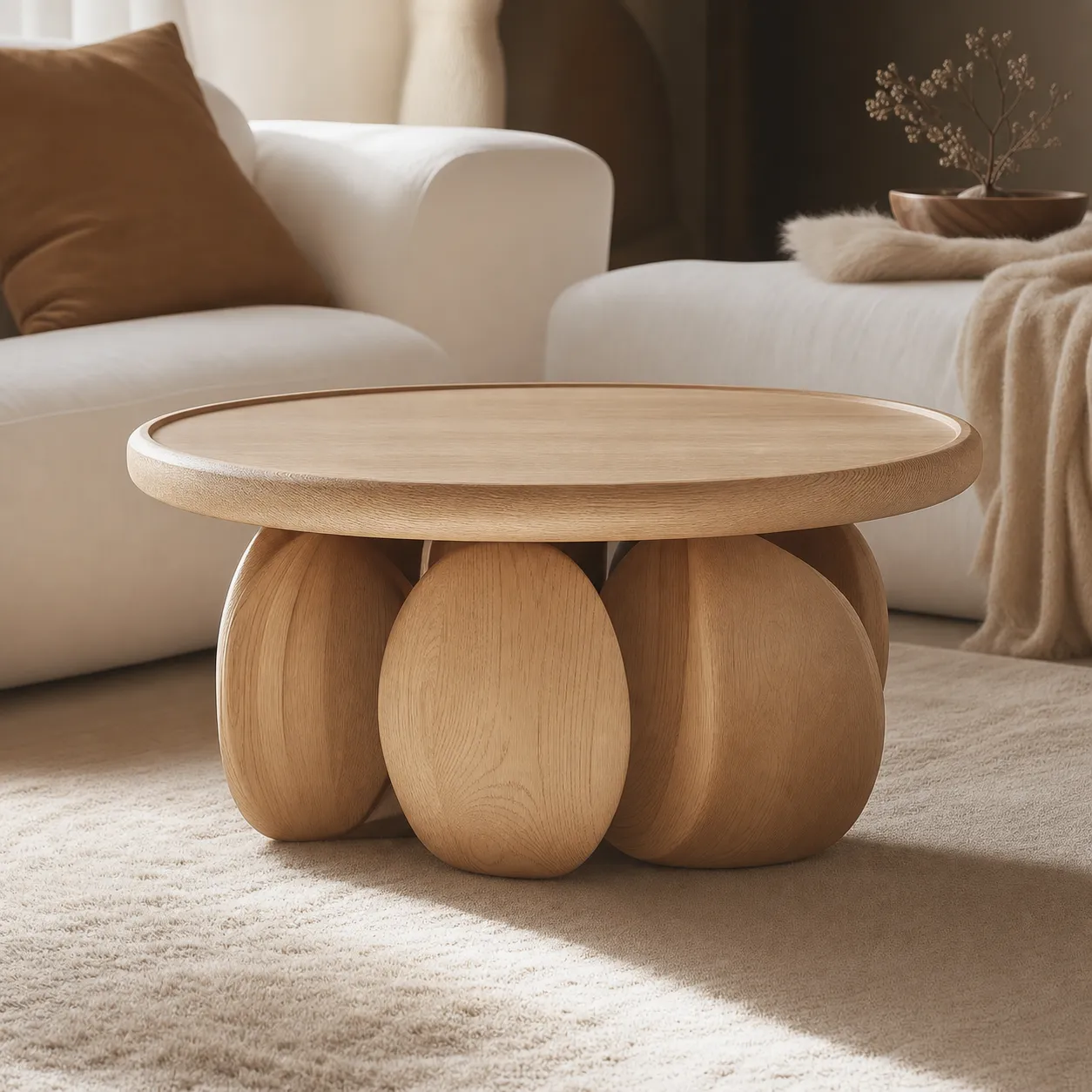 Modern Round Wooden Coffee Table with Bulbous Legs｜AI Image Generation Prompts