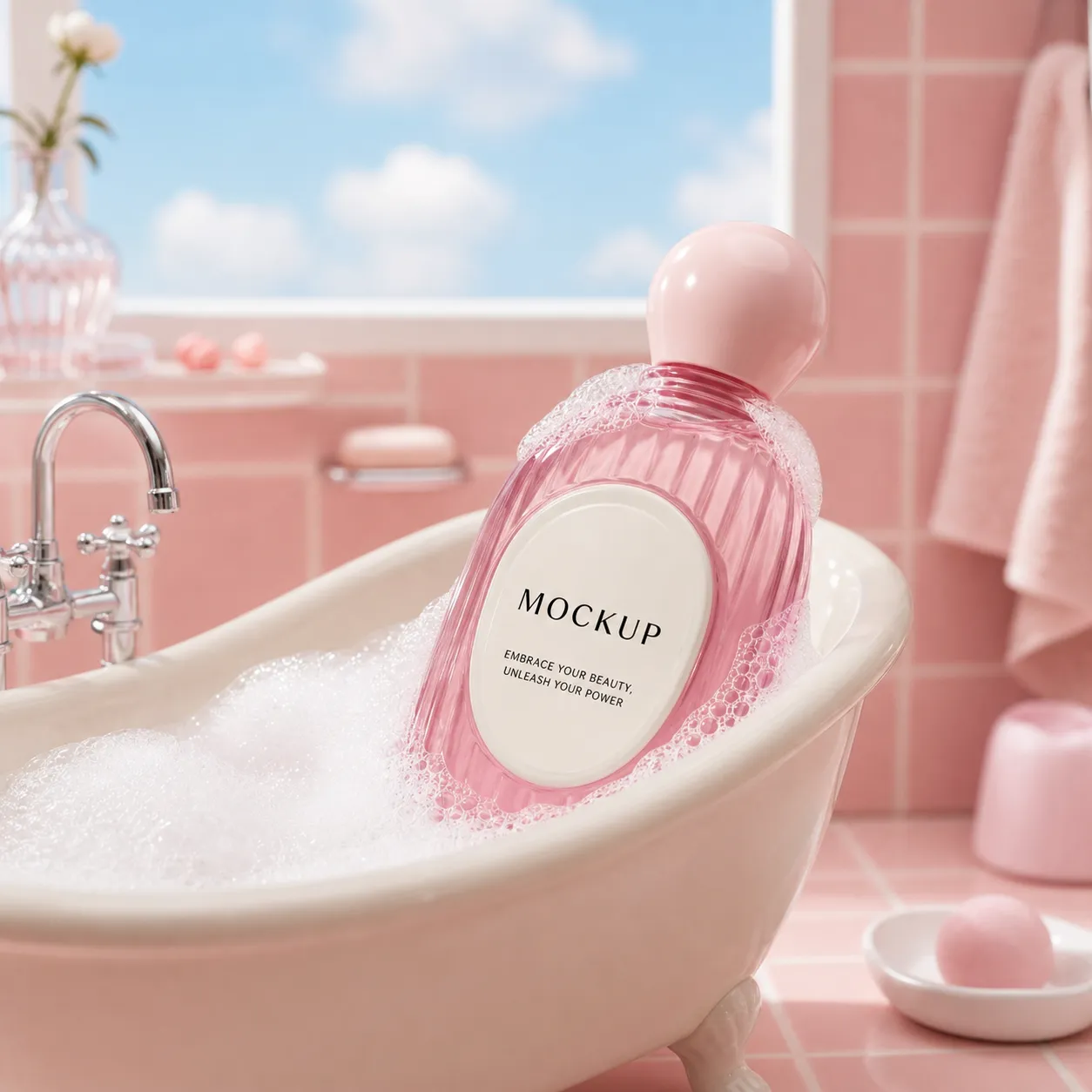 Pink Bottle Mockup in a Bubble Bath｜AI Image Generation Prompts
