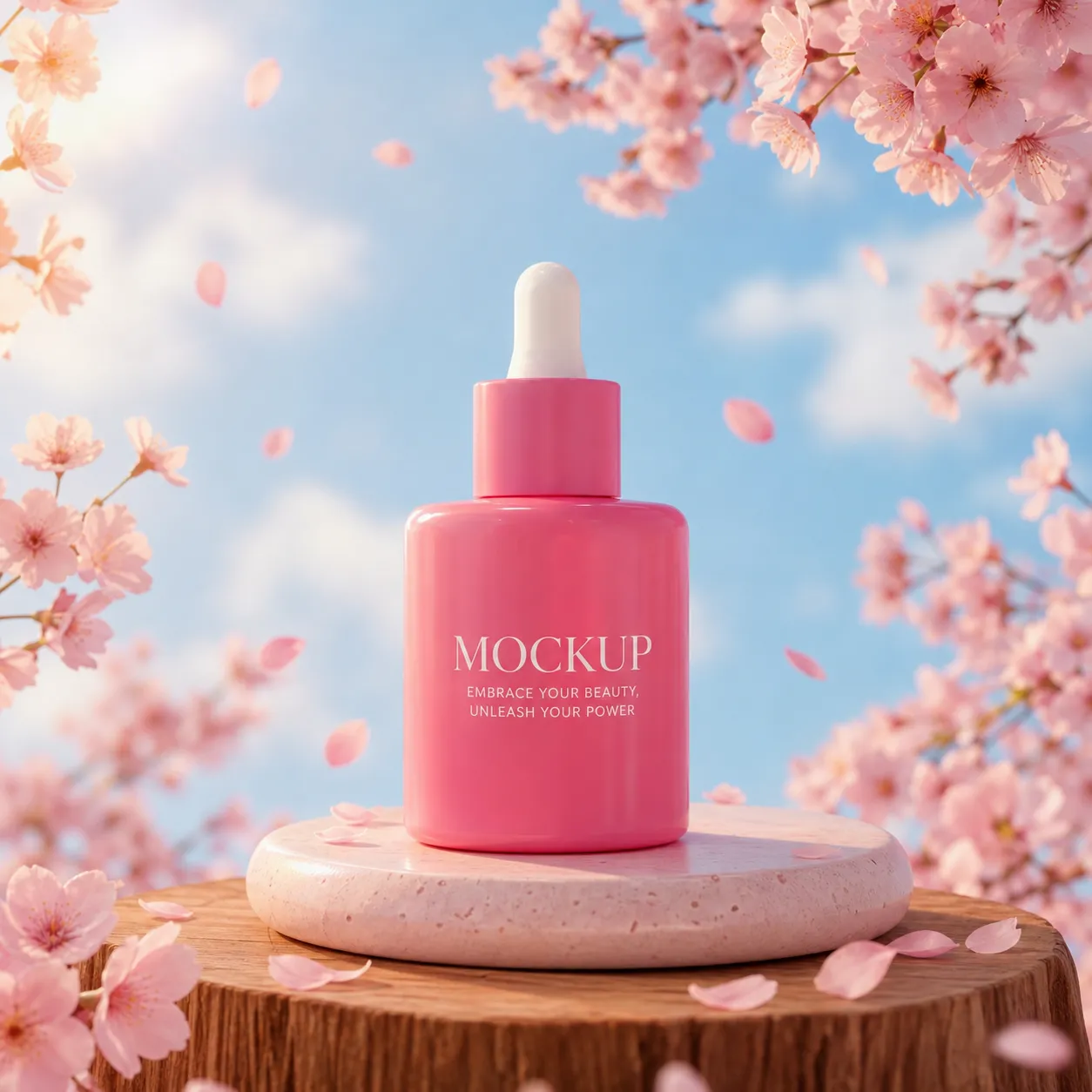 Pink Dropper Bottle Mockup with Cherry Blossoms｜AI Image Generation Prompts