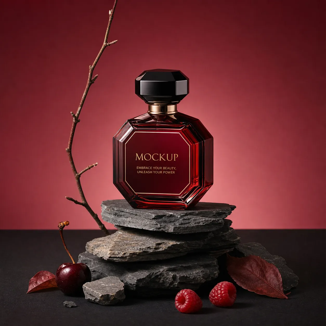 Red Perfume Bottle Mockup on Slate Rocks with Berries｜AI Image Generation Prompts