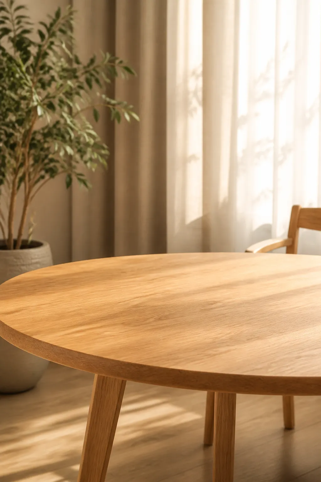 Round wooden dining table in sunlit room｜AI Image Generation Prompts