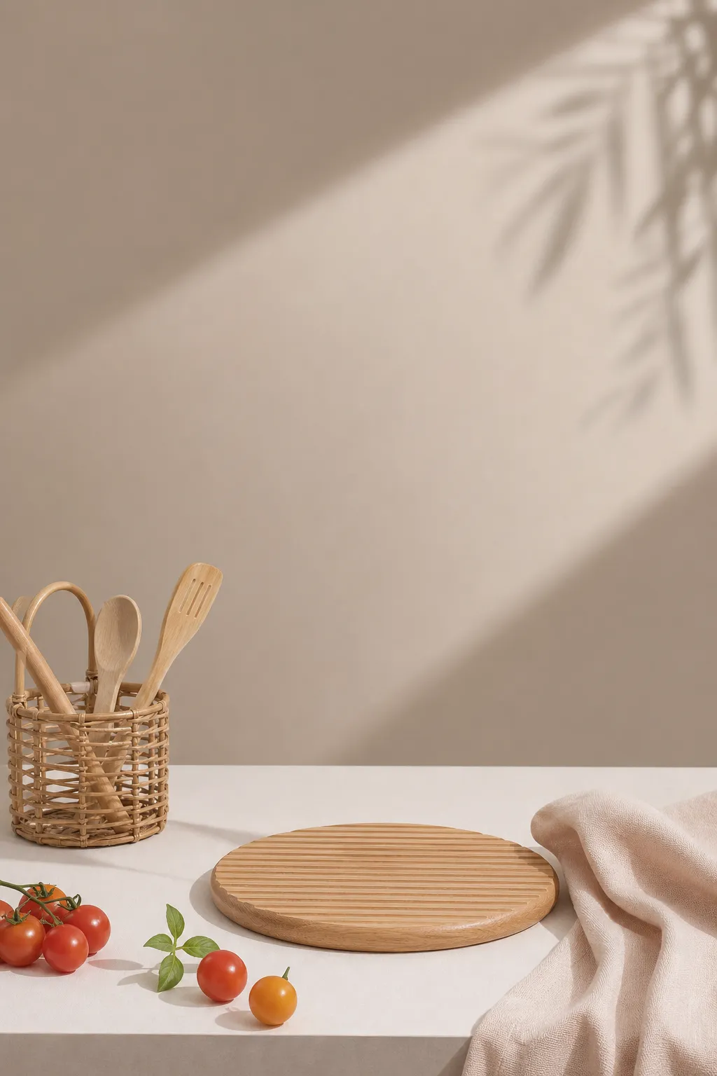 Minimalist kitchen scene with wooden board and tomatoes｜AI Image Generation Prompts