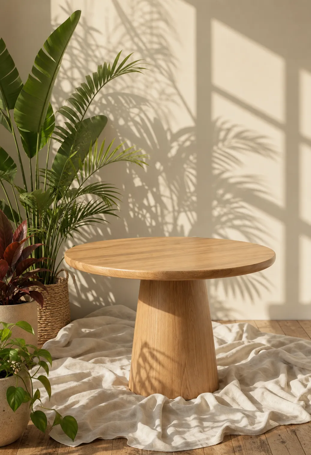 Round wooden pedestal table with plants and shadows｜AI Image Generation Prompts