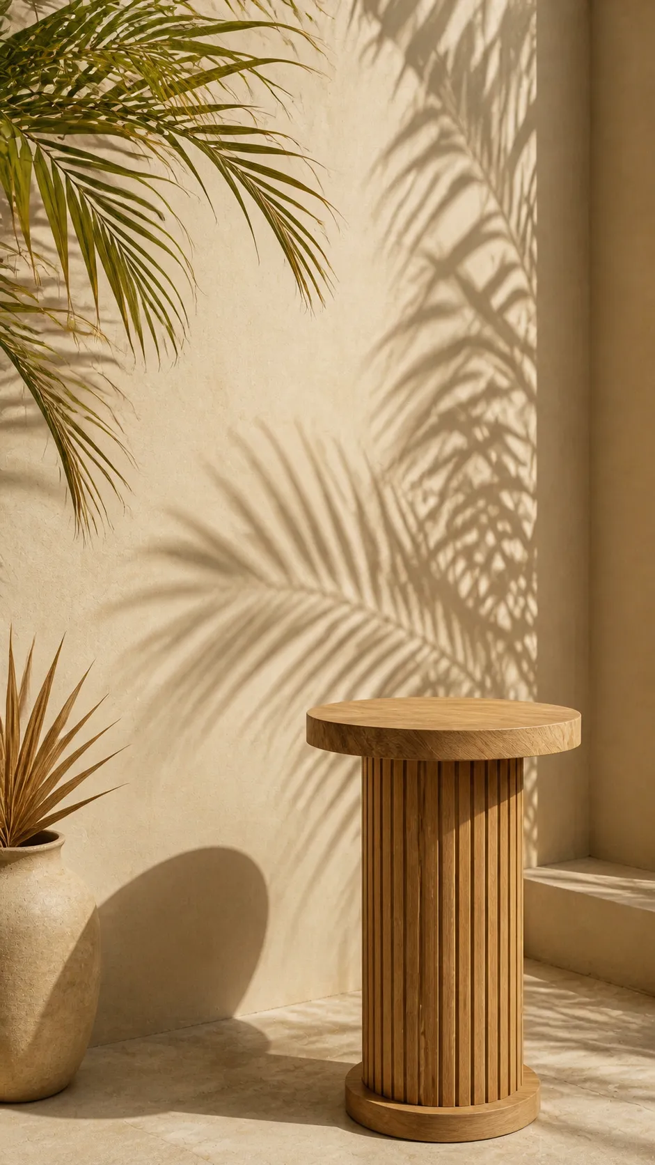 Wooden fluted pedestal table with palm shadows｜AI Image Generation Prompts