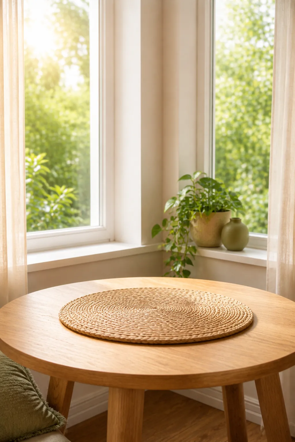 Round wooden table with woven placemat near sunny window｜AI Image Generation Prompts
