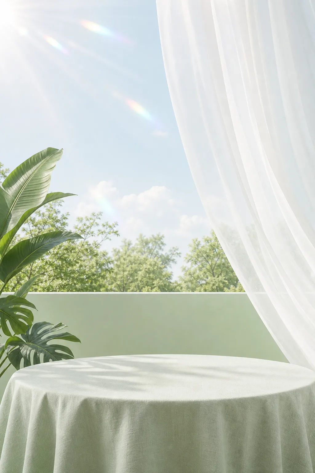 Round podium with tropical leaves and sunny sky｜AI Image Generation Prompts