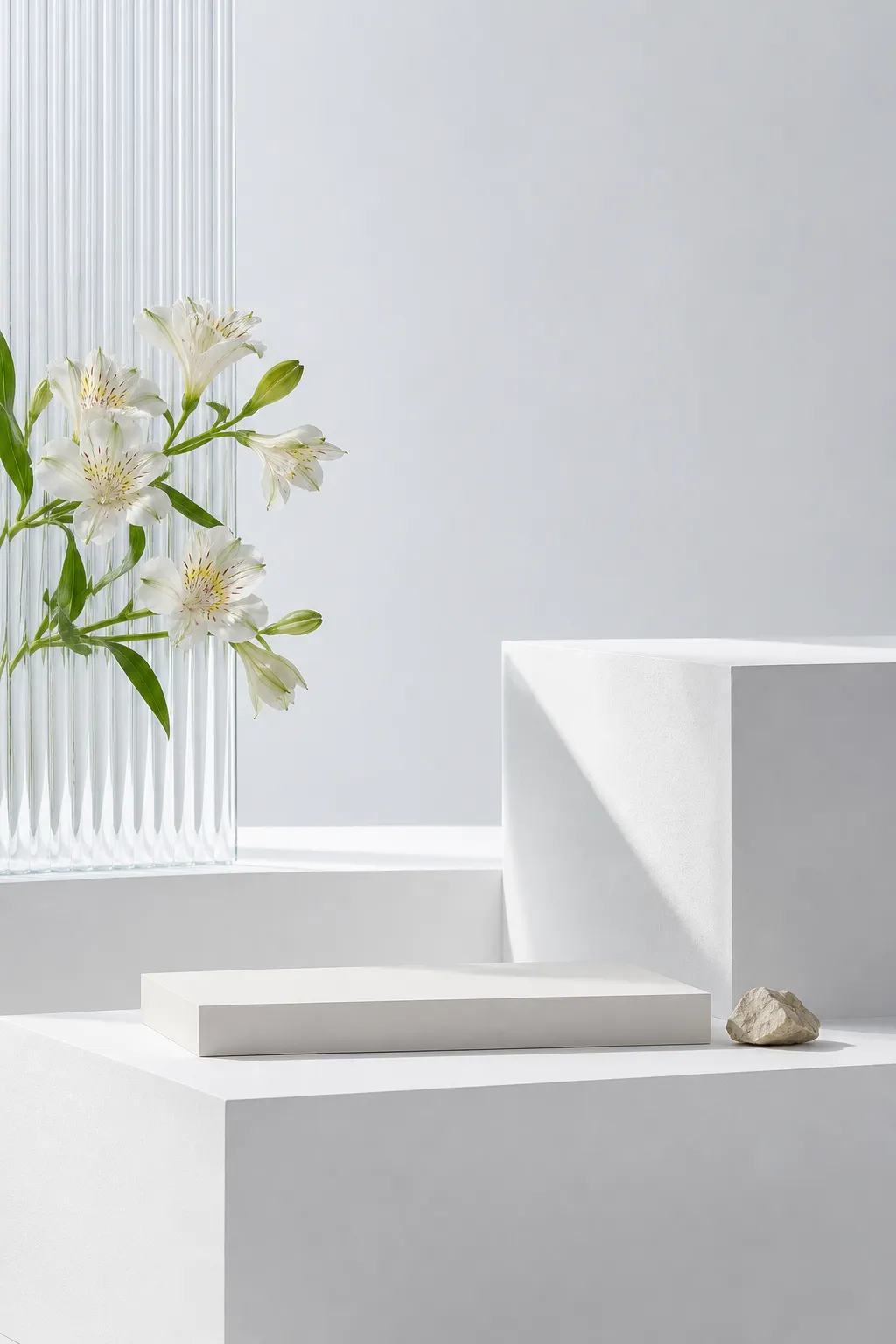 Minimalist white podium display with glass vase and flowers.｜AI Image Generation Prompts
