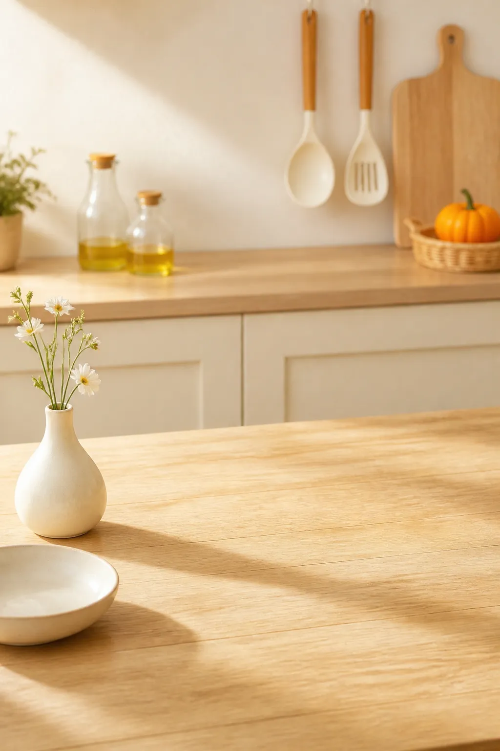 Sunny wooden kitchen table with white vase and flowers｜AI Image Generation Prompts