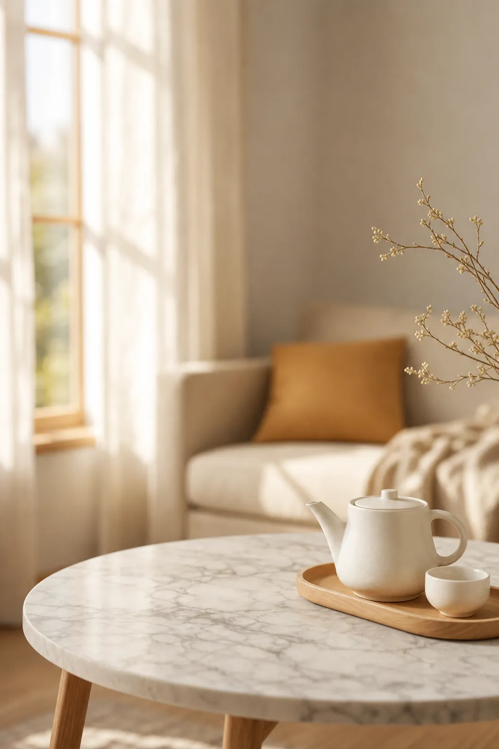 White teapot and cup on marble coffee table in living room｜AI Image Generation Prompts