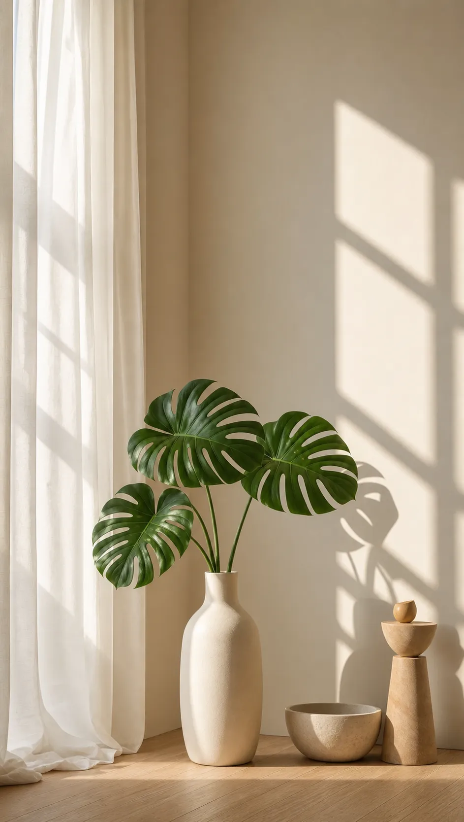 Monstera leaves in a white vase with sunlight shadows｜AI Image Generation Prompts