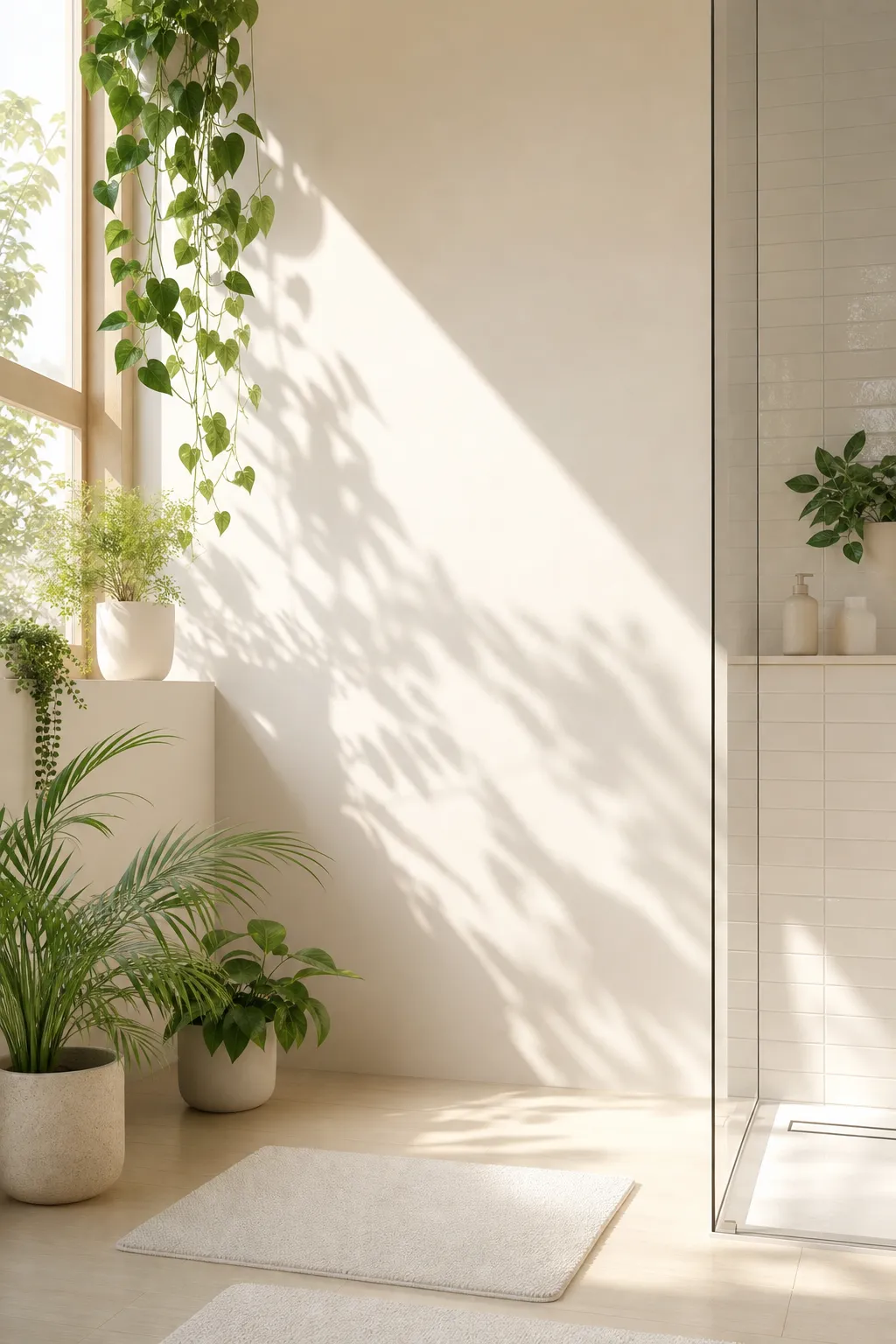 Bright minimalist bathroom with plants and sunlight｜AI Image Generation Prompts