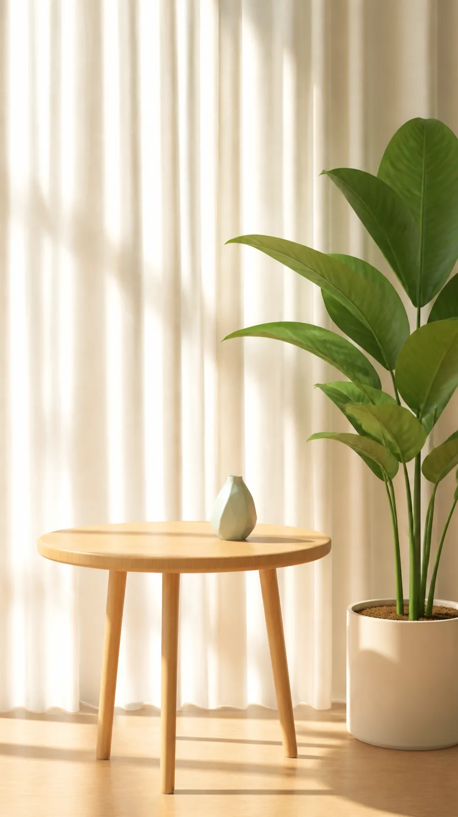 Minimalist wooden table with vase and large green plant｜AI Image Generation Prompts