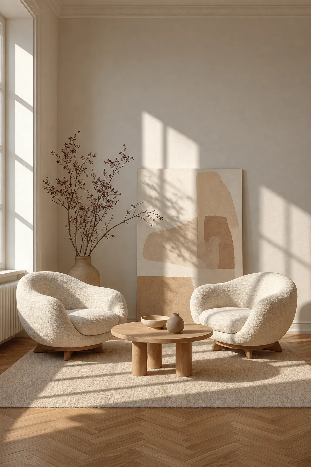 Minimalist Living Room with Boucle Chairs｜AI Image Generation Prompts