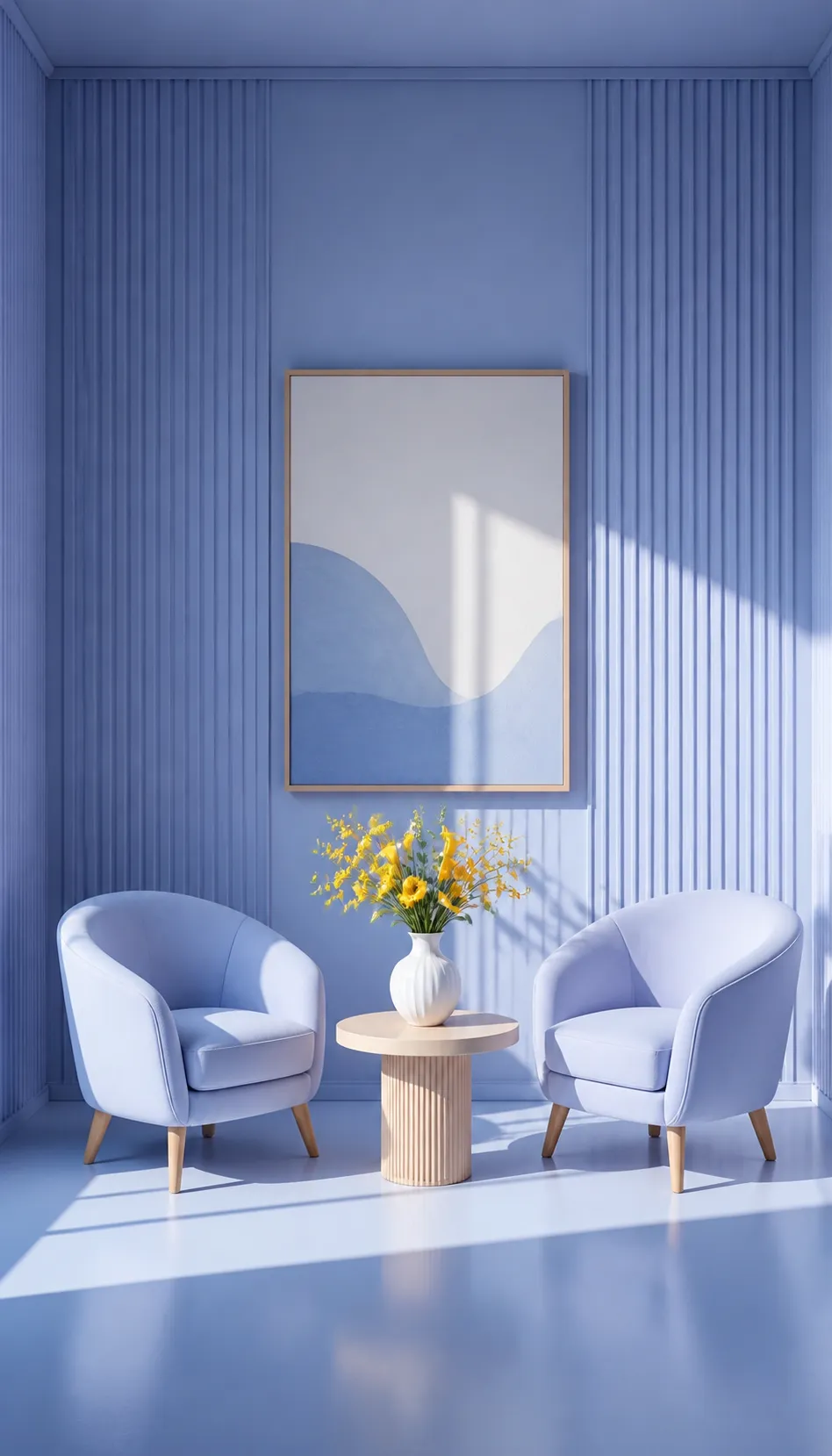 Minimalist blue room with armchairs and flowers｜AI Image Generation Prompts
