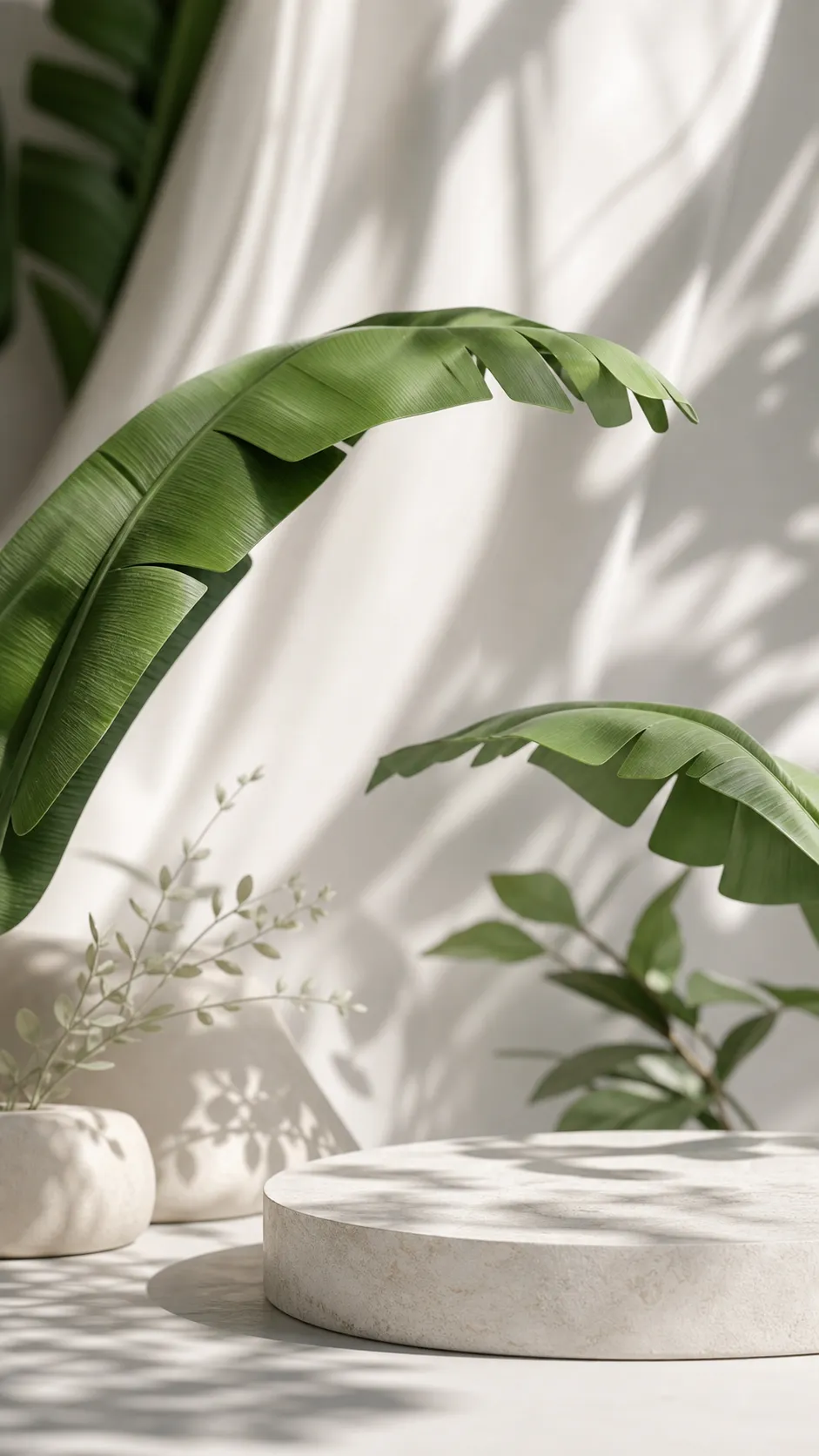 Minimalist stone podium display with tropical leaves｜AI Image Generation Prompts
