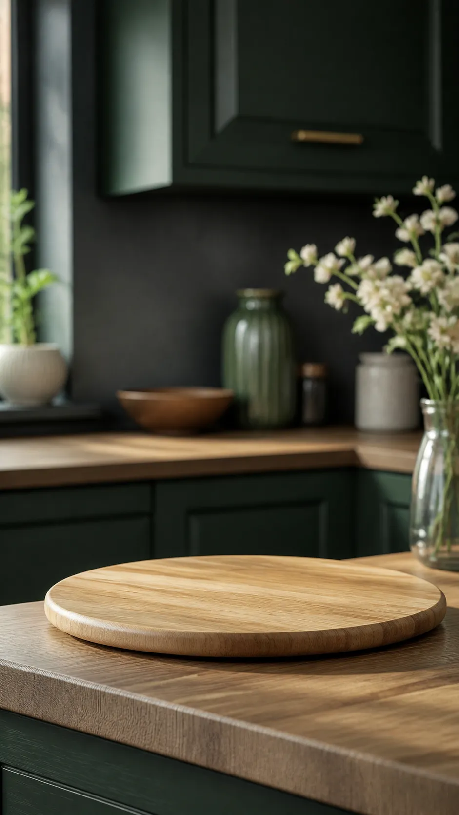 Round wooden cutting board on kitchen counter｜AI Image Generation Prompts
