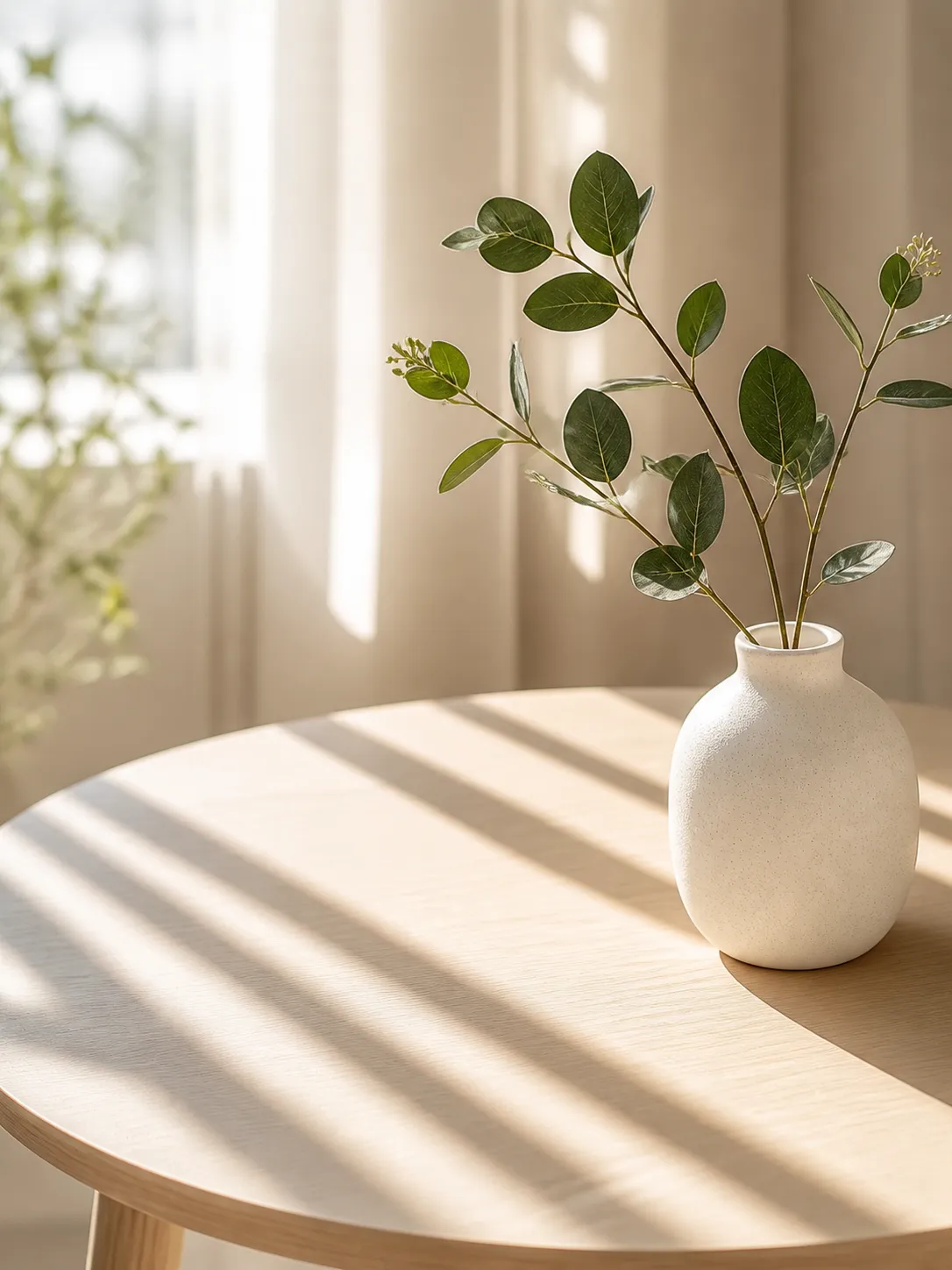 White vase with green leaves on a wooden table｜AI Image Generation Prompts