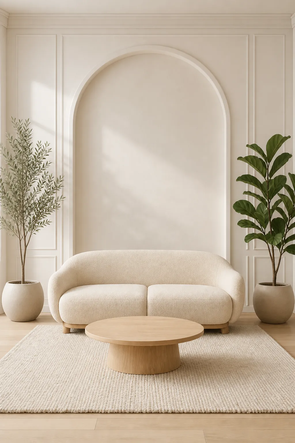 Minimalist Living Room with Cream Sofa and Arched Wall｜AI Image Generation Prompts