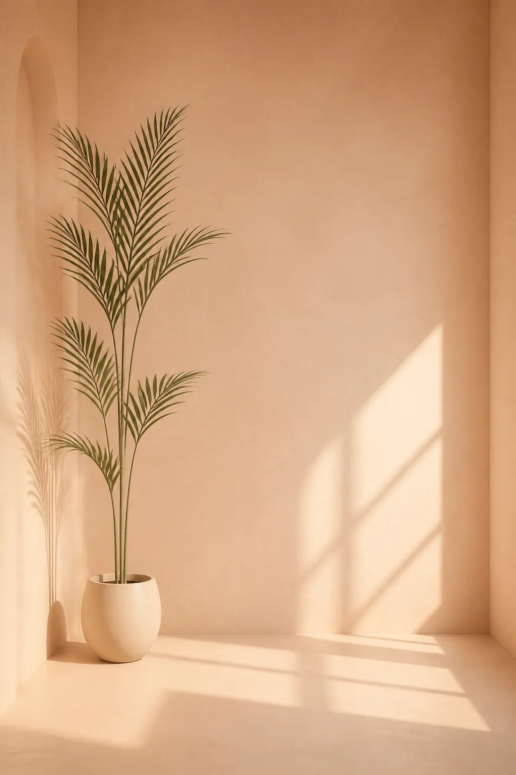 Palm plant in minimalist beige room with sunlight.｜AI Image Generation Prompts
